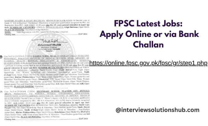 FPSC Latest Jobs: Apply Online or via Bank Challan